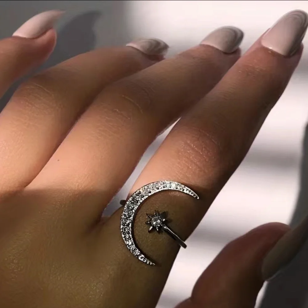 Adjustable Size Cuff Ring Crescent Moon And Star Design Shape Inlaid Rhinestones - Picture 3 of 8